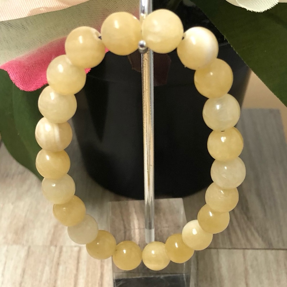 Yellow Jade Natural Stone Beads Stretchable Bracelet 7" - 8mm Beads Best Gift